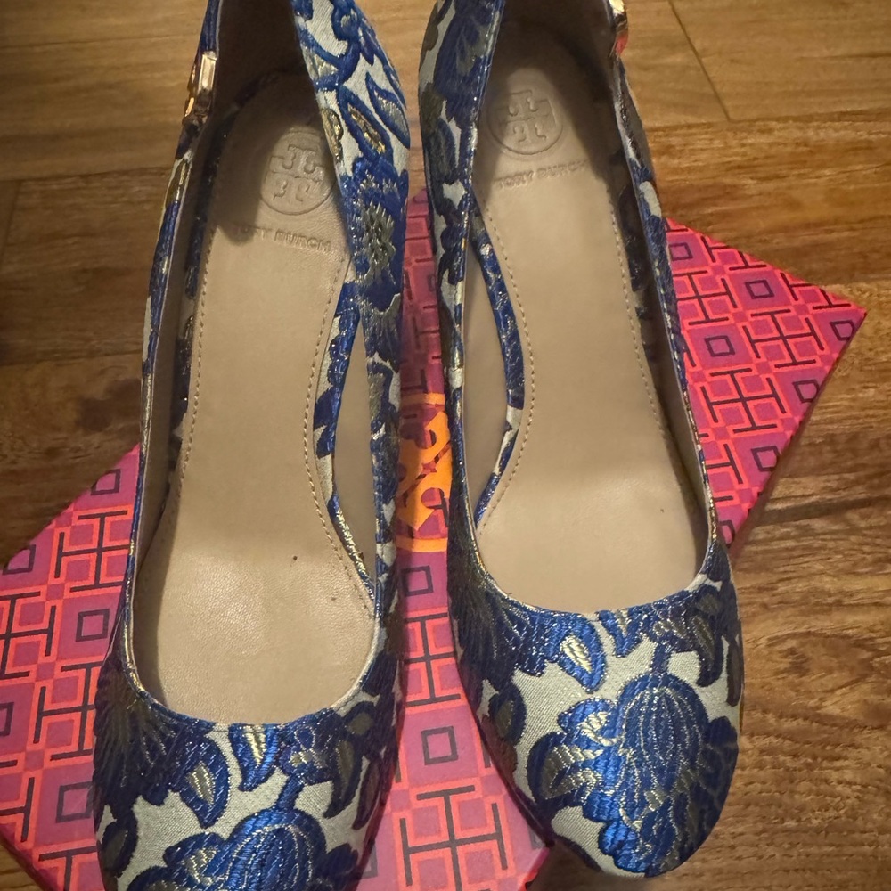 Tory Burch Metallic Floral Brocade Heels